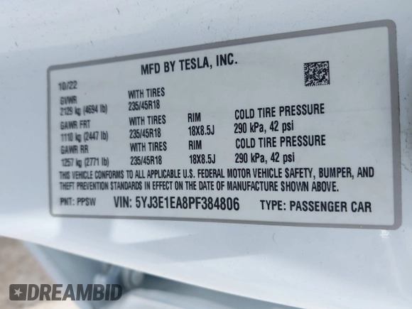 2023 Tesla Model 3 z VIN 5YJ3E1EA8PF384806, wystawiony jako IAAI lot #42526063 z przebiegiem 95 389 mil mil oraz . Historia ofert i sprzedaży dostępna na DreamBid. Obrazek 9.