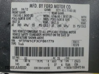 2012 Ford F-150 XL z VIN 1FTFW1CF3CFB61779, wystawiony jako Copart lot #53946815 z przebiegiem 238 046 mil mil oraz Szkoda całkowita • Salvage title. Historia ofert i sprzedaży dostępna na DreamBid. Obrazek 12.