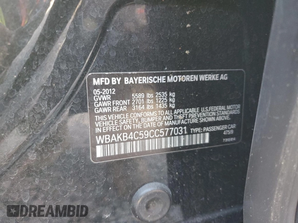 2012 BMW 7 Series 740Li with VIN WBAKB4C59CC577031, listed as a Copart auction lot 85270584 with 0 mi miles and Salvage Title. Bid and sale history available at carsss.com. Image 12.