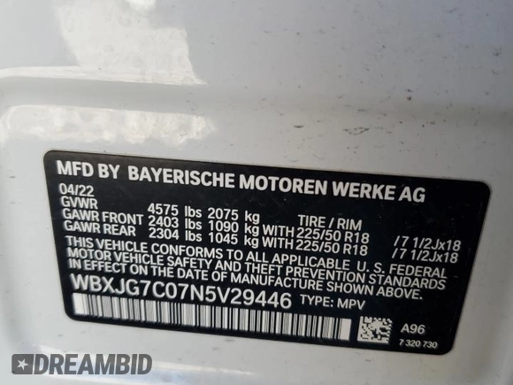 2022 BMW X1 sDrive28i with VIN WBXJG7C07N5V29446, listed as a Copart auction lot 81912684 with 46,234 mi miles and Salvage Title. Bid and sale history available at carsss.com. Image 13.