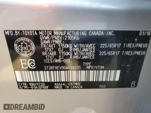 2016 Toyota RAV4 XLE with VIN 2T3RFREV9GW439315, listed as a Copart auction lot 59704345 with 143,198 mi miles and Salvage title. Bid and sale history available at DreamBid. Image 13.