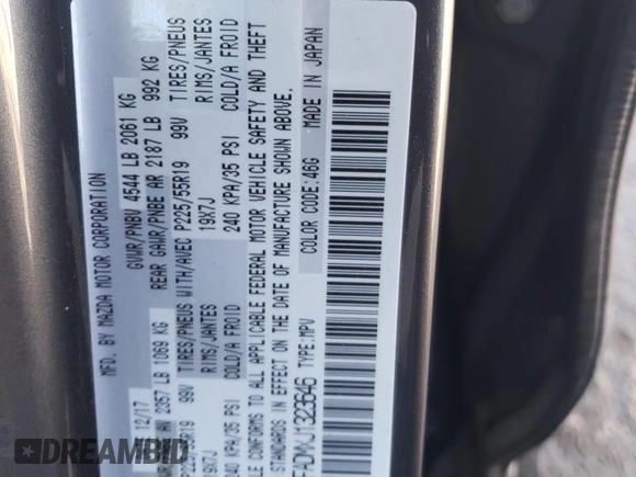 2018 Mazda CX-5 Grand Touring with VIN JM3KFADMXJ1323646, listed as a Copart auction lot 46857825 with 62,262 mi miles and Salvage title. Bid and sale history available at DreamBid. Image 14.