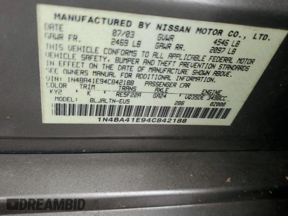 2004 Nissan Maxima SE with VIN 1N4BA41E94C842188, listed as a Copart auction lot 72159424 with 172,321 mi miles and Salvage Title. Bid and sale history available at carsss.com. Image 12.