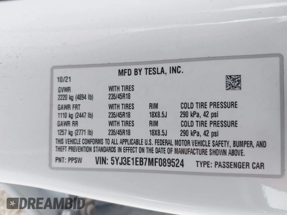 2021 Tesla Model 3 Long Range with VIN 5YJ3E1EB7MF089524, listed as a IAAI auction lot 42023474 with 19,757 mi miles and . Bid and sale history available at carsss.com. Image 9.
