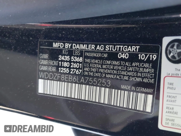 2020 Mercedes-Benz E-Class E 350 with VIN WDDZF8EB6LA755253, listed as a IAAI auction lot 41279643 with 42,780 mi miles. Bid and sale history available at carsss.com. Image 9.