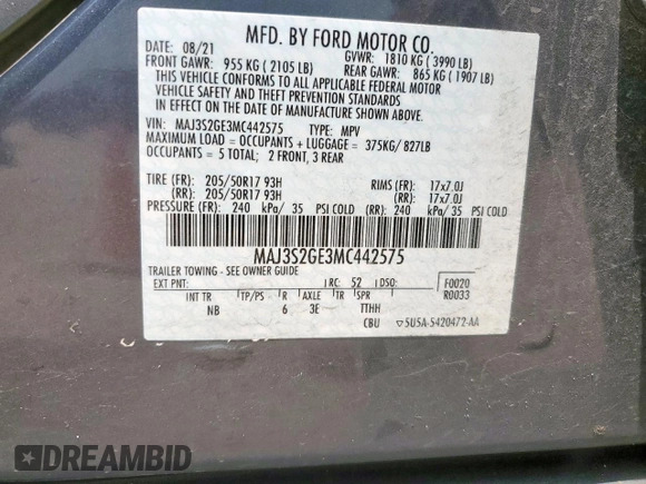 2021 Ford EcoSport SE with VIN MAJ3S2GE3MC442575, listed as a Copart auction lot 60424595 with 53,506 mi miles and Salvage title. Bid and sale history available at DreamBid. Image 13.