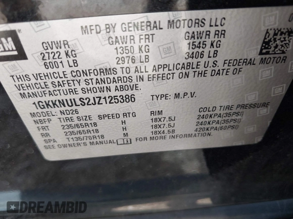 2018 GMC Acadia SLT with VIN 1GKKNULS2JZ125386, listed as a IAAI auction lot 42545524 with 166,328 mi miles and . Bid and sale history available at DreamBid. Image 9.