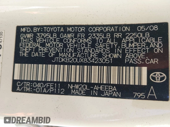 2008 Toyota Prius with VIN JTDKB20UX83423051, listed as a IAAI auction lot 42196058 with 246,767 mi miles and . Bid and sale history available at DreamBid. Image 9.