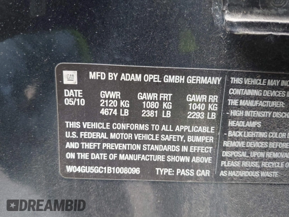 2011 Buick Regal CXL RL6 с VIN W04GU5GC1B1008096, выставлен на аукционе IAAI как лот 42321271 с пробегом 156 736 миль миль и . История ставок и продаж доступна на DreamBid. Изображение 9.