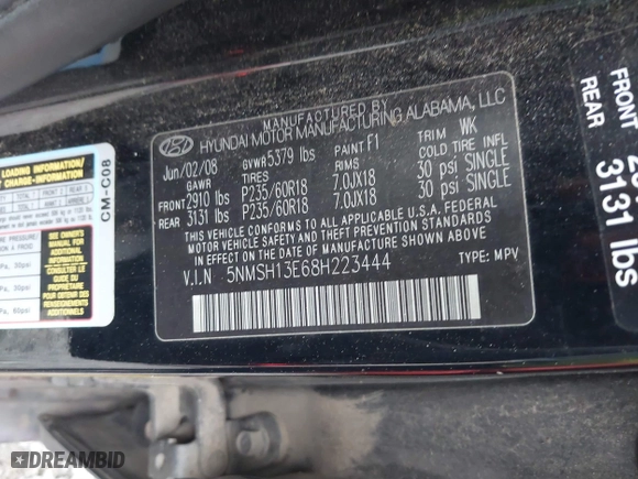 2008 Hyundai Santa Fe SE with VIN 5NMSH13E68H223444, listed as a IAAI auction lot 41731764 with 227,628 mi miles. Bid and sale history available at carsss.com. Image 9.