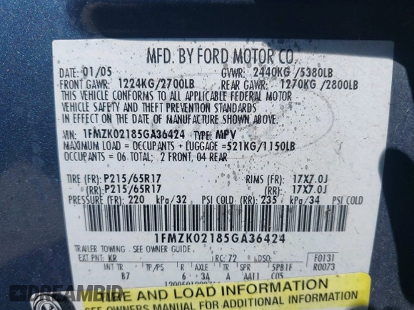 2005 Ford Freestyle SEL with VIN 1FMZK02185GA36424, listed as a IAAI auction lot 42715260 with 234,552 mi miles and . Bid and sale history available at DreamBid. Image 9.