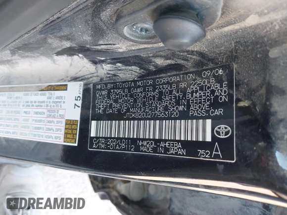 2007 Toyota Prius with VIN JTDKB20U277563120, listed as a IAAI auction lot 40736242 with 315,489 mi miles. Bid and sale history available at carsss.com. Image 9.