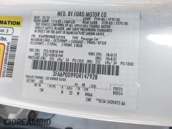 2013 Ford Fusion Titanium with VIN 3FA6P0D99DR147928, listed as a IAAI auction lot 41898122 with 135,693 mi miles. Bid and sale history available at carsss.com. Image 9.