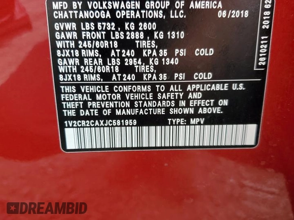 2018 Volkswagen Atlas SE with VIN 1V2CR2CAXJC581959, listed as a Copart auction lot 56651595 with 82,241 mi miles and Salvage title. Bid and sale history available at DreamBid. Image 14.