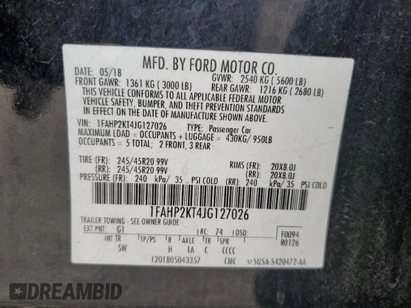 2018 Ford Taurus SHO с VIN 1FAHP2KT4JG127026, выставлен на аукционе Copart как лот 57410715 с пробегом 56 728 миль миль и Списание • Salvage title. История ставок и продаж доступна на DreamBid. Изображение 12.