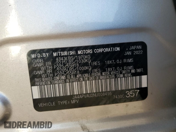 2022 Mitsubishi Outlander SE с VIN JA4APVAU2NU008495, выставлен на аукционе Copart как лот 85111664 с пробегом 60 052 миль миль и Списание • Salvage title. История ставок и продаж доступна на DreamBid. Изображение 12.