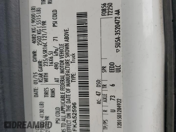 2015 Ford Transit with VIN 1FTNR2YG1FKA52596, listed as a Copart auction lot 73087994 with 157,367 mi miles and Salvage Title. Bid and sale history available at DreamBid. Image 13.