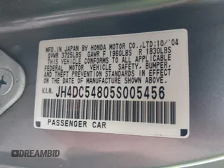 2005 Acura RSX z VIN JH4DC54805S005456, wystawiony jako IAAI lot #42347245 z przebiegiem 300 177 mil mil oraz . Historia ofert i sprzedaży dostępna na DreamBid. Obrazek 9.