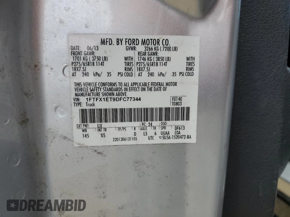 2013 Ford F-150 XL with VIN 1FTFX1ET9DFC77344, listed as a Copart auction lot 51099545 with 140,615 mi miles and Salvage Title. Bid and sale history available at carsss.com. Image 14.