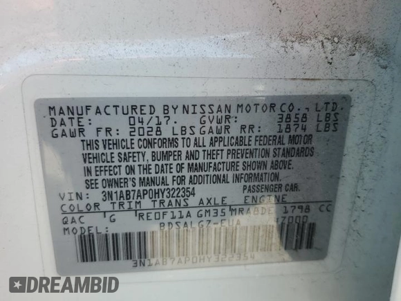 2017 Nissan Sentra SV with VIN 3N1AB7AP0HY322354, listed as a Copart auction lot 54161465 with 82,340 mi miles and Salvage Title. Bid and sale history available at DreamBid. Image 13.