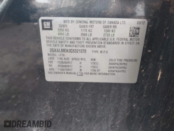 2012 GMC Terrain SLE-1 with VIN 2GKALMEK0C6321078, listed as a IAAI auction lot 42443827 with 183,987 mi miles and . Bid and sale history available at DreamBid. Image 9.