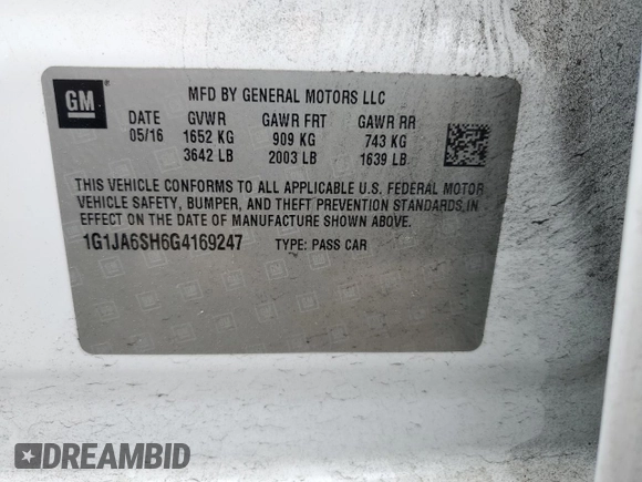 2016 Chevrolet Sonic LS with VIN 1G1JA6SH6G4169247, listed as a Copart auction lot 49928575 with 101,200 mi miles and Salvage Title. Bid and sale history available at DreamBid. Image 14.