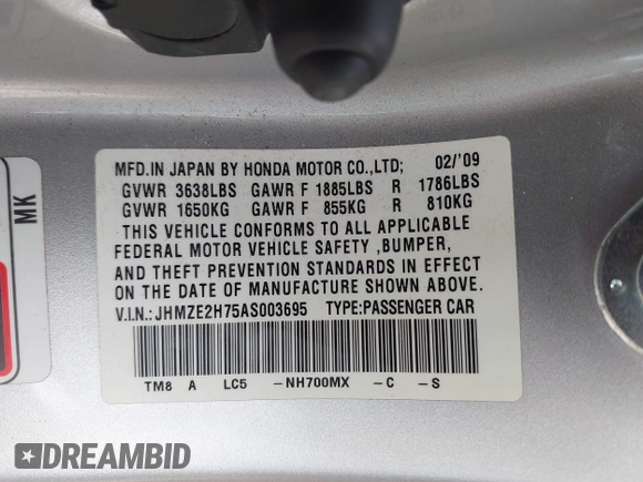 2010 Honda Insight EX with VIN JHMZE2H75AS003695, listed as a IAAI auction lot 42119429 with 90,901 mi miles and . Bid and sale history available at DreamBid. Image 9.