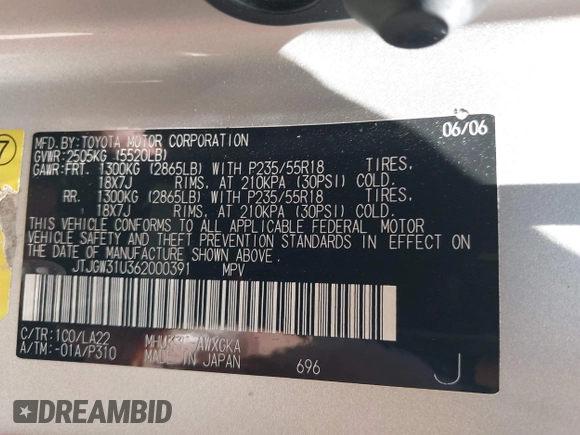 2006 Lexus RX 400h with VIN JTJGW31U362000391, listed as a IAAI auction lot 42687783 with 213,890 mi miles and . Bid and sale history available at DreamBid. Image 9.