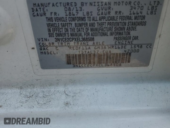 2014 Nissan Note S Plus with VIN 3N1CE2CPXEL368508, listed as a Copart auction lot 62755805 with 89,340 mi miles and Clean title. Bid and sale history available at DreamBid. Image 12.