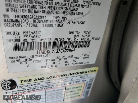 2007 Ford Freestyle SEL z VIN 1FMDK02137GA22864, wystawiony jako Copart lot #73942603 z przebiegiem 134 137 mil mil oraz Szkody całkowita. Historia ofert i sprzedaży dostępna na DreamBid. Obrazek 13.