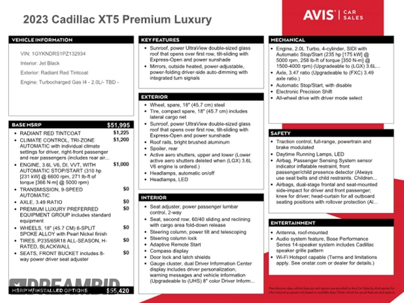 2023 Cadillac XT5 AWD Premium Luxury with VIN 1GYKNDRS1PZ132934, listed as a Copart auction lot 49285144 with Not Provided miles and Non Repairable. Bid and sale history available at DreamBid. Image 12.