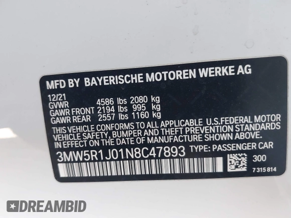 2022 BMW 3 Series 330i с VIN 3MW5R1J01N8C47893, выставлен на аукционе IAAI как лот 42312006 с пробегом 25 430 миль миль и . История ставок и продаж доступна на DreamBid. Изображение 9.
