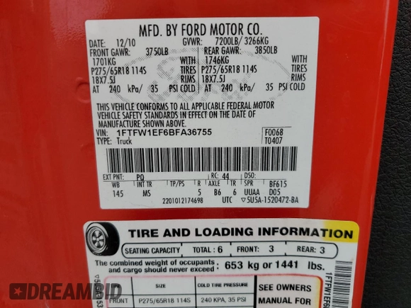 2011 Ford F-150 XL with VIN 1FTFW1EF6BFA36755, listed as a Copart auction lot 58544405 with 144,436 mi miles and Salvage title. Bid and sale history available at DreamBid. Image 12.