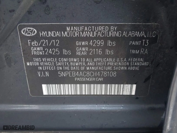 2012 Hyundai Sonata GLS PZEV with VIN 5NPEB4AC8CH478108, listed as a IAAI auction lot 40904887 with 215,381 mi miles. Bid and sale history available at carsss.com. Image 9.