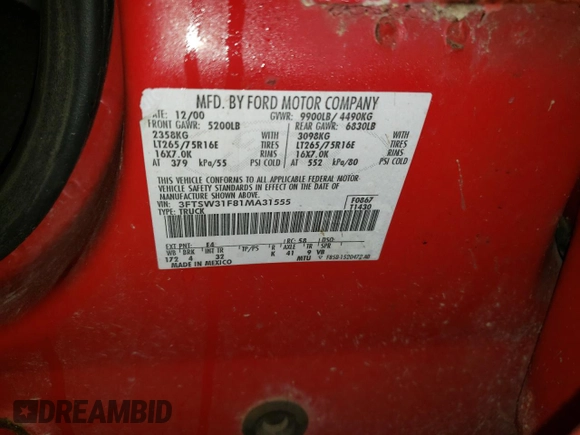 2001 Ford F-350 XL with VIN 3FTSW31F81MA31555, listed as a Copart auction lot 78912644 with 242,268 mi miles and Salvage Title. Bid and sale history available at DreamBid. Image 12.