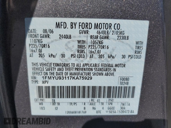 2007 Ford Escape XLT с VIN 1FMYU93117KA75929, выставлен на аукционе Copart как лот 48467515 с пробегом 156 386 миль миль и Списание • Salvage title. История ставок и продаж доступна на DreamBid. Изображение 15.