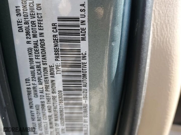 2001 Subaru Legacy Wagon Outback H6 L.L. Bean Edition with VIN 4S3BH806317663009, listed as a Copart auction lot 52252515 with 147,492 mi miles and Salvage Title. Bid and sale history available at carsss.com. Image 14.