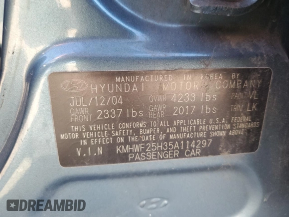 2005 Hyundai Sonata GL with VIN KMHWF25H35A114297, listed as a Copart auction lot 70323284 with 163,375 mi miles and Salvage Title. Bid and sale history available at carsss.com. Image 14.