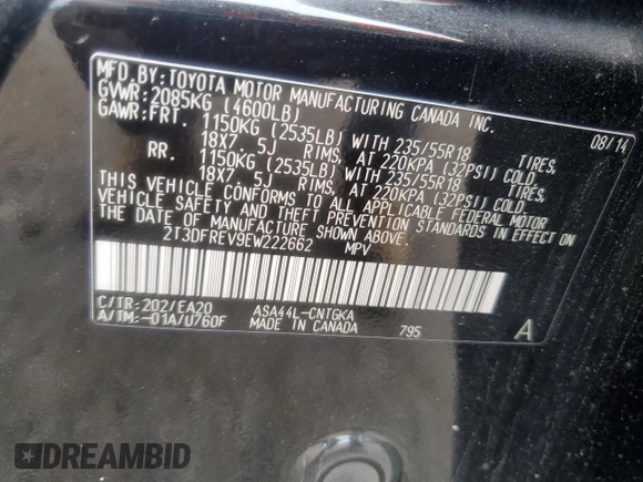 2014 Toyota RAV4 Limited with VIN 2T3DFREV9EW222662, listed as a Copart auction lot 55026635 with 120,560 mi miles and Clean Title. Bid and sale history available at carsss.com. Image 13.