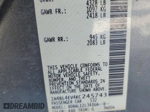 2019 Nissan Altima SL with VIN 1N4BL4EV4KC245743, listed as a Copart auction lot 45408385 with 67,765 mi miles and Salvage Title. Bid and sale history available at DreamBid. Image 13.
