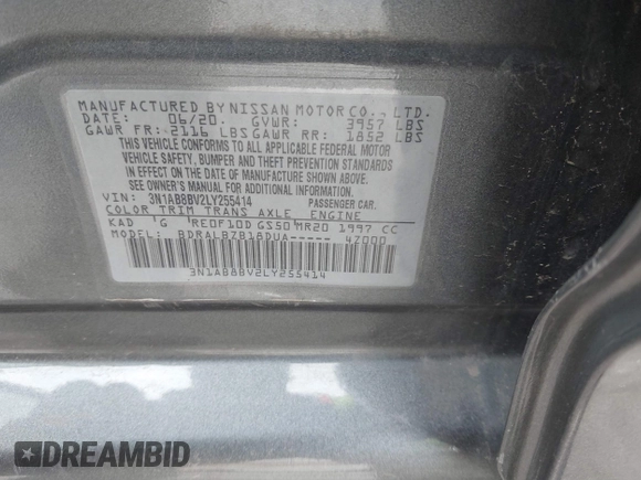 2020 Nissan Sentra S with VIN 3N1AB8BV2LY255414, listed as a IAAI auction lot 41822354 with 46,824 mi miles. Bid and sale history available at carsss.com. Image 9.