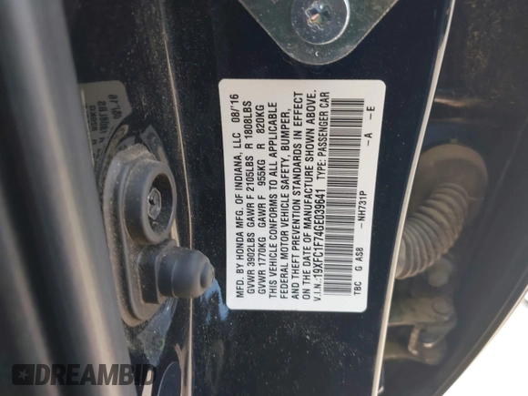 2016 Honda Civic EX-L with VIN 19XFC1F74GE039641, listed as a IAAI auction lot 42519321 with 139,765 mi miles and . Bid and sale history available at DreamBid. Image 9.