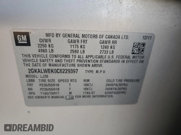 2012 GMC Terrain SLT-2 with VIN 2GKALWEK0C6229397, listed as a Copart auction lot 83023894 with 109,073 mi miles and Salvage Title. Bid and sale history available at DreamBid. Image 14.