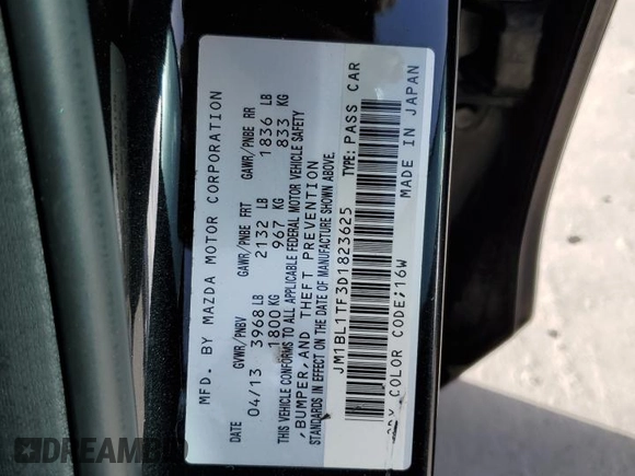2013 Mazda 3 i SV with VIN JM1BL1TF3D1823625, listed as a Copart auction lot 56344925 with 95,814 mi miles and Salvage title. Bid and sale history available at DreamBid. Image 12.