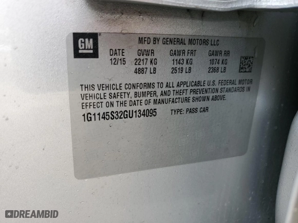 2016 Chevrolet Impala LTZ with VIN 1G1145S32GU134095, listed as a Copart auction lot 46594775 with 154,662 mi miles and Salvage Title. Bid and sale history available at carsss.com. Image 13.