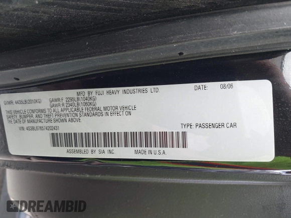 2007 Subaru Legacy GT Limited with VIN 4S3BL676574202431, listed as a IAAI auction lot 41943320 with 188,008 mi miles and . Bid and sale history available at DreamBid. Image 9.