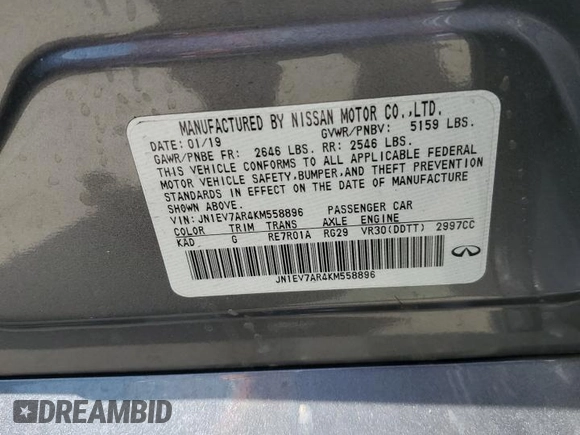 2019 Infiniti Q50 Luxe with VIN JN1EV7AR4KM558896, listed as a Copart auction lot 54249545 with 96,696 mi miles and Salvage title. Bid and sale history available at DreamBid. Image 12.