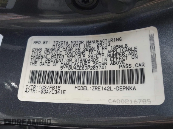 2013 Toyota Corolla L with VIN 5YFBU4EE8DP203741, listed as a IAAI auction lot 41943422 with 148,803 mi miles and . Bid and sale history available at DreamBid. Image 9.