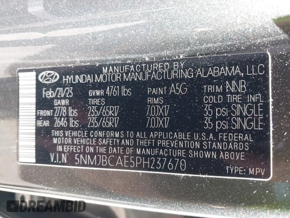 2023 Hyundai Tucson SEL z VIN 5NMJBCAE5PH237670, wystawiony jako IAAI lot #41747912 z przebiegiem 21 607 mil mil oraz . Historia ofert i sprzedaży dostępna na DreamBid. Obrazek 9.