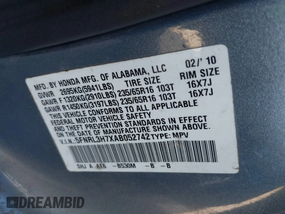 2010 Honda Odyssey EX-L with VIN 5FNRL3H7XAB052742, listed as a IAAI auction lot 41705935 with 205,190 mi miles and . Bid and sale history available at DreamBid. Image 9.